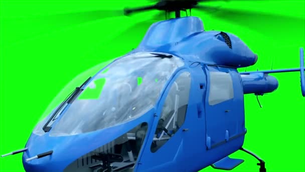 Blauwe helikopter animatie. Realistische weerspiegelingen, schaduwen en bewegingen. Groen scherm 4k-beeldmateriaal. — Stockvideo