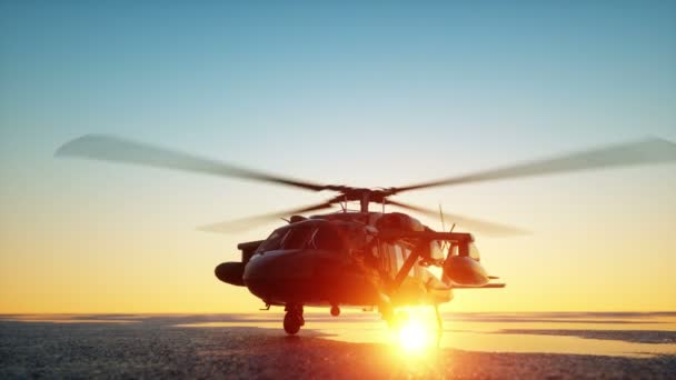 Military helicopter UH-60 Black hawk, wonderfull sunset. Realistic animation GI. — Stock Video