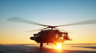 Askeri helikopter Uh-60 Black hawk, acayip günbatımı. 3D render.