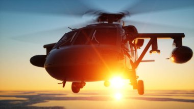 Askeri helikopter Uh-60 Black hawk, acayip günbatımı. 3D render.