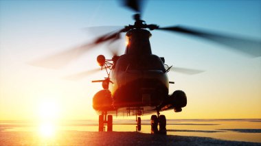 Askeri helikopter chinook, acayip günbatımı. 3D render.