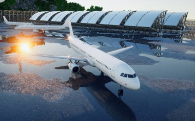 plane at the airport. daylight. Business and travel concept. 3d rendering. clipart