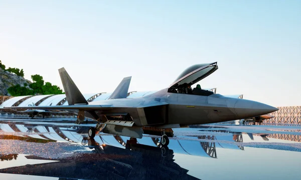 F 22 rapace, avion de chasse militaire. base militaire. Coucher de soleil. Rendu 3d . — Photo