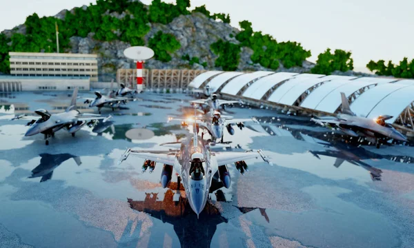 F 16 militärische Kampfjets. Militärbasis. Sonnenuntergang. 3D-Darstellung. — Stockfoto