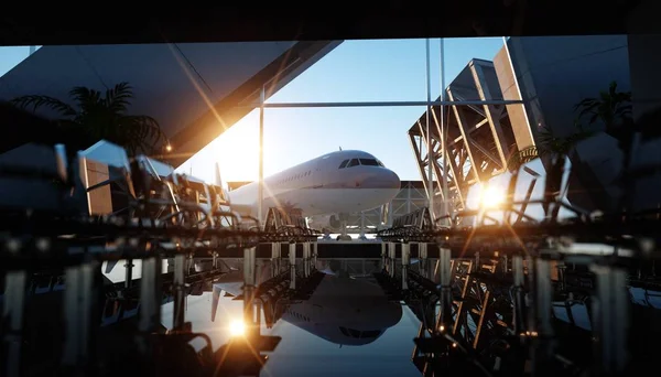 Terminal del aeropuerto. Maravillosa puesta de sol. Concepto de negocios y viajes. renderizado 3d . — Foto de Stock
