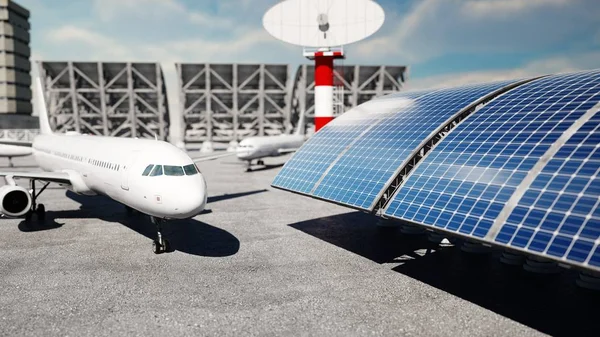 Avión en el aeropuerto. luz del día. Concepto de negocios y viajes. renderizado 3d . — Foto de Stock