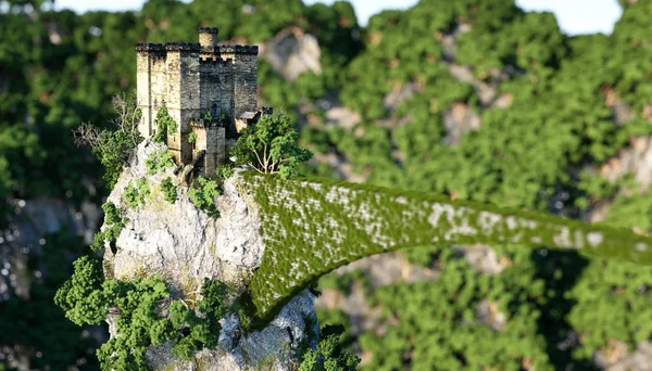 Vieux château fantastique sur une haute falaise, rocher. Vue aérienne. paysage fabuleux — Photo