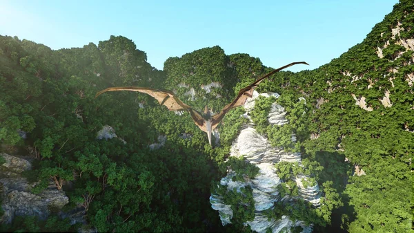 Pterodactyl on rocky cliffs. prehistoric nature, dinosaurus. 3d rendering. — Stock Photo, Image