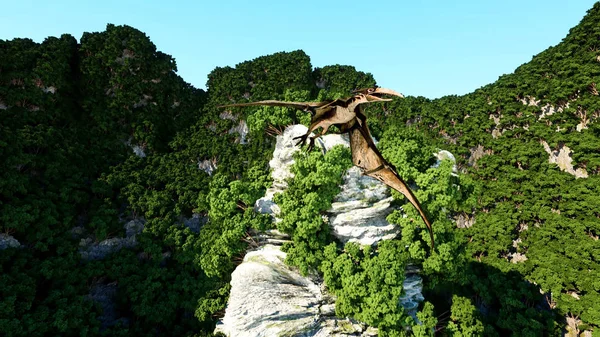 Pterodáctilo en acantilados rocosos. naturaleza prehistórica, dinosaurio. renderizado 3d . — Foto de Stock