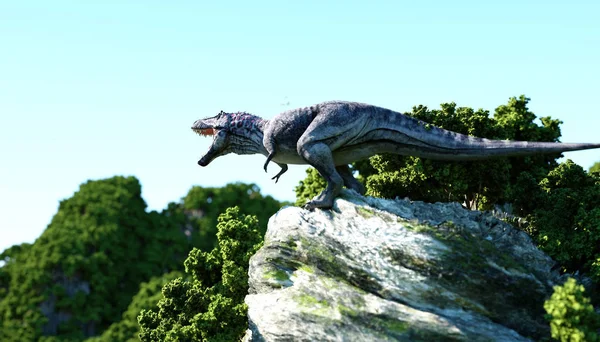 Tyrannosaurus Rex en los acantilados rocosos. naturaleza prehistórica. renderizado 3d . — Foto de Stock