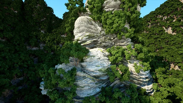 Mountain Cliffs with trees. Fantasy landscape. 3d rendering.