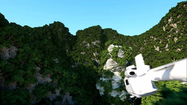 Beyaz dağlar kayalıklardan ağaçları ile uçan helikopter. kurtarıcı. 3D render. — Stok fotoğraf