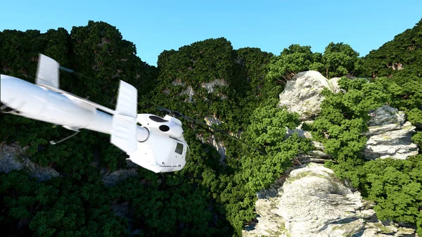 Helicóptero branco voando em montanhas falésias com árvores. Resgatador. Renderização 3d . — Fotografia de Stock