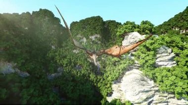 kayalık uçurum arasında Pterodactyl anında. Tarih öncesi doğa, dinazorların. gerçekçi 3d animasyon.