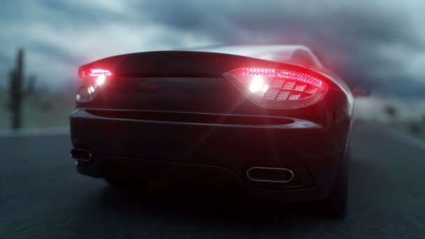 Zwarte sport auto op weg, snelweg. Donkere omgeving. Super realistische 4k animatie. — Stockvideo
