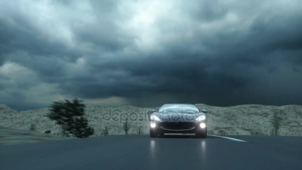 Coche deportivo negro en carretera, autopista. Conduce muy rápido. Ambiente oscuro. Animación 4K súper realista . — Vídeos de Stock