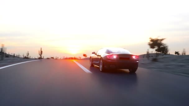 Schwarzer Sportwagen auf Straße, Autobahn. sehr schnelles Fahren. wunderbarer Sonnenaufgang. super realistische 4k Animation. — Stockvideo