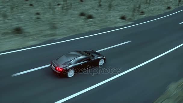 Yolda, siyah spor araba Otoban. Çok hızlı araba. Karanlık ortam. Süper gerçekçi 4k animasyon. — Stok video