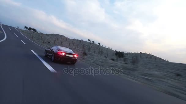Maşină sport neagră pe şosea, autostradă. Conducere foarte rapidă. Minunat răsărit. Animație super realistă 4K . — Videoclip de stoc