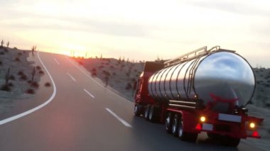 Benzin tankeri, petrol treyler, kamyon karayolu üzerinde. Çok hızlı araba. Gerçekçi otomatik animasyon.