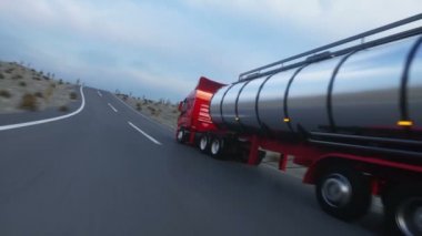 Benzin tankeri, petrol treyler, kamyon karayolu üzerinde. Çok hızlı araba. Gerçekçi otomatik animasyon.
