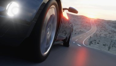 Black sport car on road, highway. Very fast driving. 3d rendering. clipart