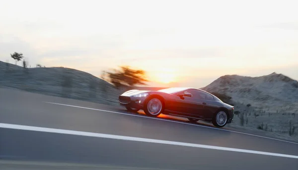 Voiture sport noire sur route, autoroute. Conduite très rapide. Rendu 3d . — Photo