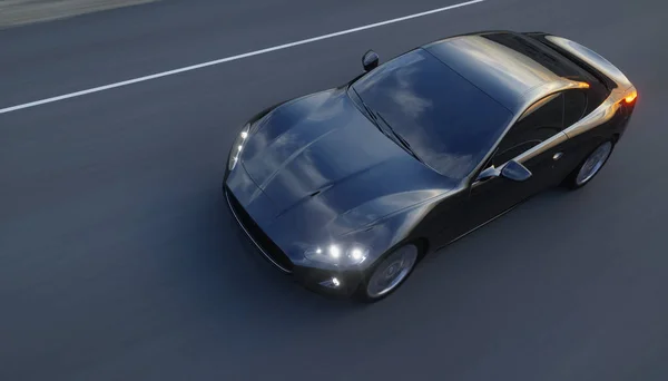 Fekete sport autó, út, autópálya. Nagyon gyors vezetés. 3D-leképezés. — Stock Fotó