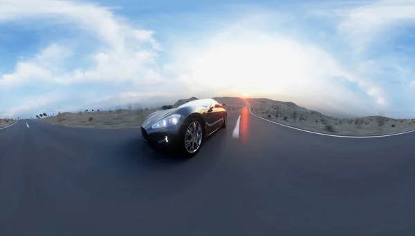 Black sport car on road, highway. Very fast driving. 360 spherical panoramic. 3d rendering. — Stock Photo, Image