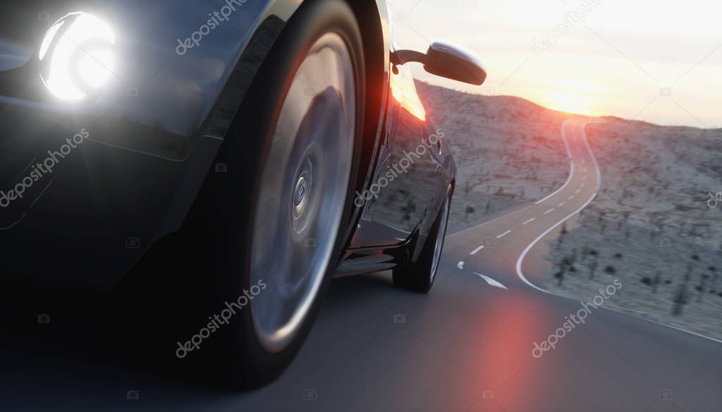 Black sport car on road, highway. Very fast driving. 3d rendering.