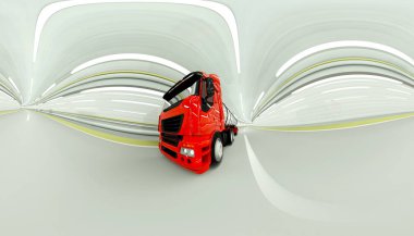 360 derece panorama. bir tünelde kırmızı benzin tankeri. hızlı sürüş. Petrol kavramı. 3D render.