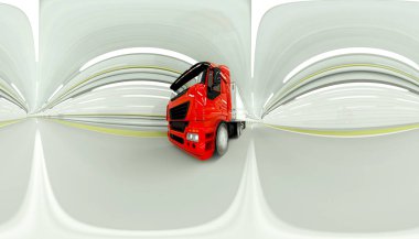 360 derece panorama. bir tünelde kırmızı benzin tankeri. hızlı sürüş. Petrol kavramı. 3D render.