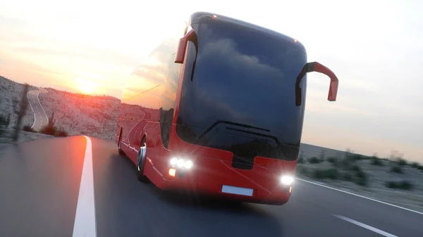 Autobus turistico rosso in autostrada. Guida veloce. rendering 3D realistico . — Foto Stock