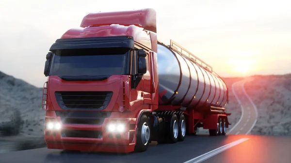 Benzine tank, olie aanhangwagen, vrachtwagen op de snelweg. Zeer snel rijden. 3D-rendering. — Stockfoto