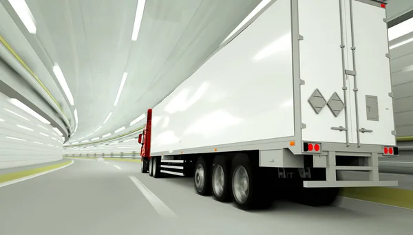 Rode truckin een tunnel. snel rijden. 3D-rendering. — Stockfoto