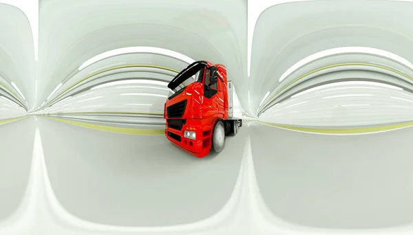 360 degrees panorama. red truckin a tunnel. fast driving. 3d rendering. — Stock Photo, Image