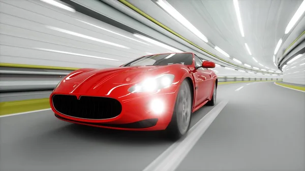 Rode sportwagen in een tunnel. snel rijden. 3D-rendering. — Stockfoto