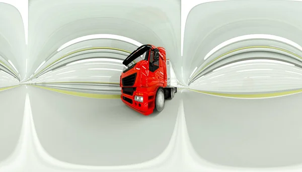 Πανόραμα 360 μοιρών. κόκκινο βυτιοφόρα βενζίνης σε μια σήραγγα. γρήγορη οδήγηση. έννοια του πετρελαίου. 3D rendering. — Φωτογραφία Αρχείου