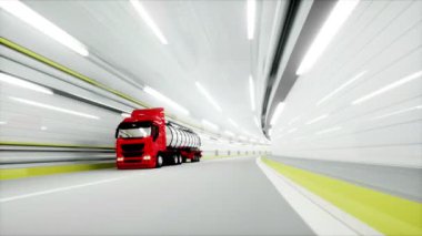 bir tünelde kırmızı benzin tankeri. hızlı sürüş. Petrol kavramı. 3D render.