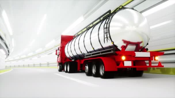 トンネル内の赤いガソリン タンカー。高速運転。油の概念。3 d レンダリング. — ストック動画