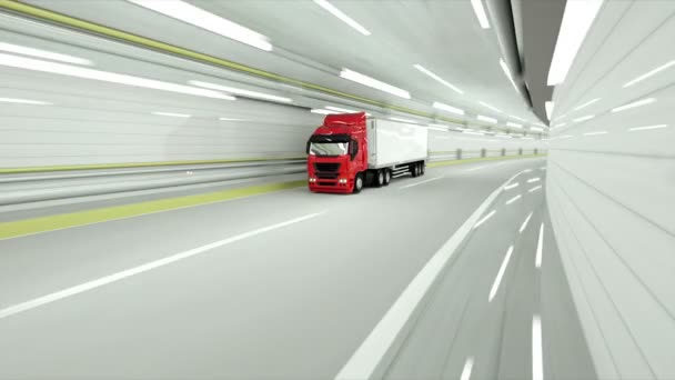 Camion rouge dans un tunnel. conduite rapide. Rendu 3d . — Video