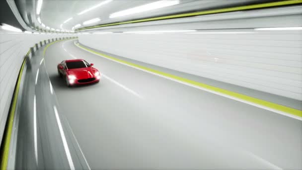 Červené sportovní auto v tunelu. rychlou jízdu. 3D animace. — Stock video