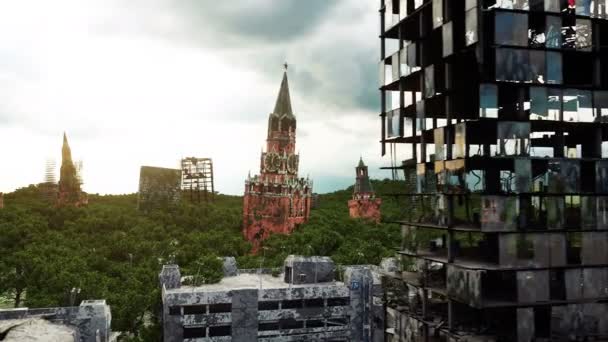 Apocalyps van Rusland. Luchtfoto van de verwoeste stad van Moskou, Rode plein. Apocalyps concept. Super realistische 4k animatie. — Stockvideo