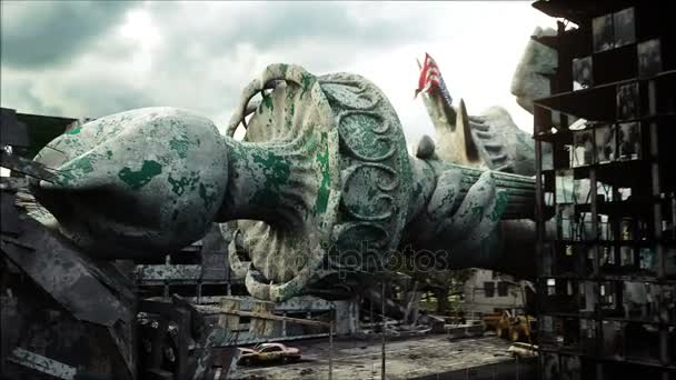 Apocalypse des USA, Amérique. Vue Aérienne de la ville de New York détruite, Statue de la Liberté. Concept d'apocalypse. Animation 4k super réaliste . — Video