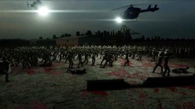 korku zombi kalabalık yürüyüş. Kıyamet görünümü, kavram. Gerçekçi 4 k animasyon.