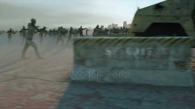 korku zombi kalabalık yürüyüş. Kıyamet görünümü, kavram. Gerçekçi 4 k animasyon.