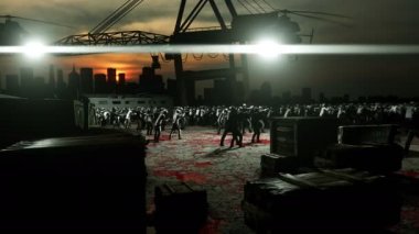 korku zombi kalabalık yürüyüş. Kıyamet görünümü, kavram. Gerçekçi 4 k animasyon.
