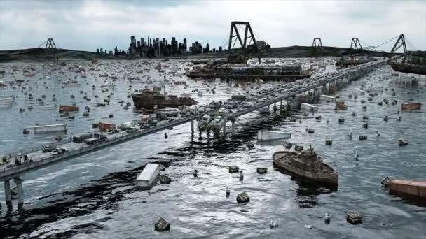 Pohled na moře Apocalypse. Zničený most. Koncept Armageddon. Animace Super realistické 4k. — Stock video