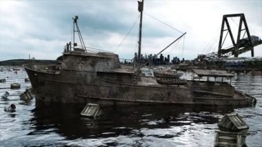 Kıyamet deniz manzaralı. Yıkılan köprü. Armageddon kavramı. Süper gerçekçi 4k animasyon.
