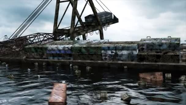 Apokalyps havsutsikt. Förstörda bron. Armageddon koncept. Super realistisk 4k animation. — Stockvideo